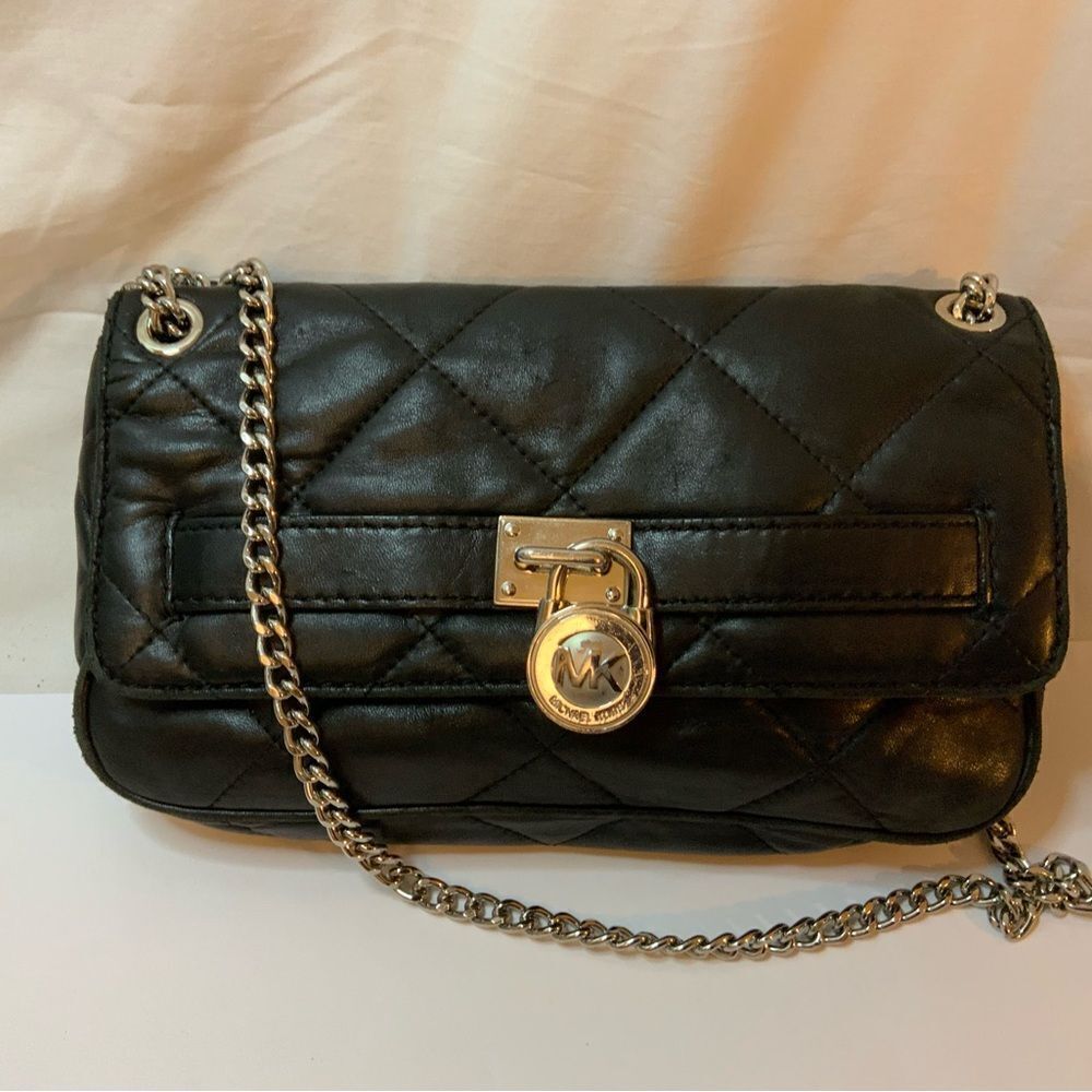 Michael Kors Black Quilted Leather Handbag With Silver Chain